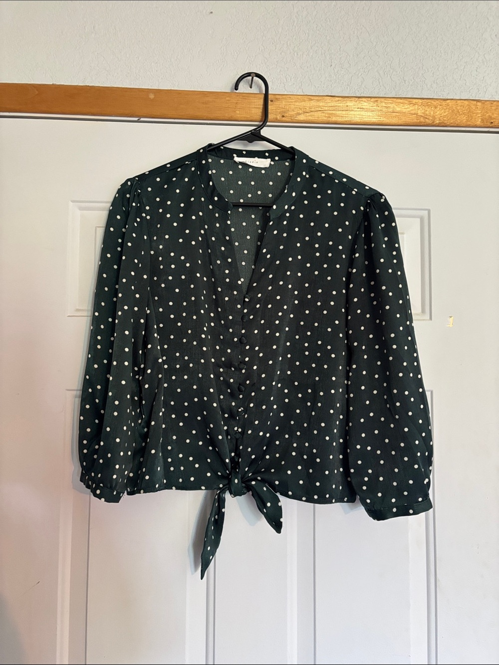 Elodie Dark Green Polka Dot Tie-Front Blouse